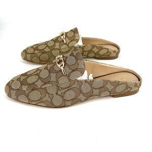✨NWB Coach Khaki Saddle Sienna Signature Slide  Monogram Mules Gold 7.5 Preppy